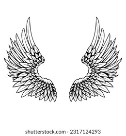 illustration of a pair of wings in black and white,  done in a tattoo-style. Angel wings. illustration of bird wings.