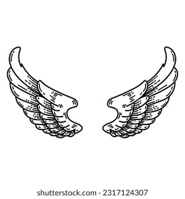 illustration of a pair of wings in black and white,  done in a tattoo-style. Angel wings. illustration of bird wings.