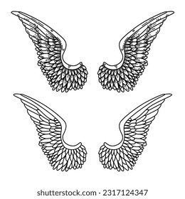 illustration of a pair of wings in black and white,  done in a tattoo-style. Angel wings. illustration of bird wings.