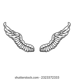 illustration of a pair of wings in black and white,  done in a tattoo-style. Angel wings. illustration of bird wings.