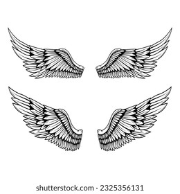 illustration of a pair of wings in black and white,  done in a tattoo-style. Angel wings. illustration of bird wings.