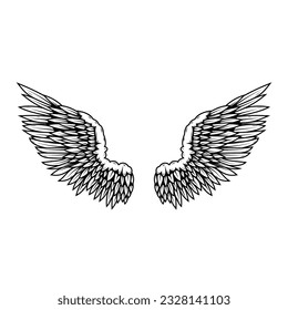 illustration of a pair of wings in black and white,  done in a tattoo-style. Angel wings. illustration of bird wings.