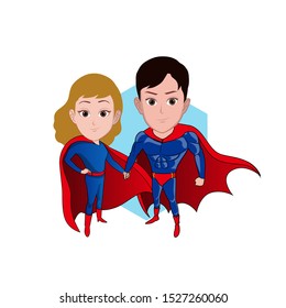 
illustration of a pair of women and men holding hands. They wear the typical winged superhero outfits in red and blue. Vector cartoons that can be used for caricature or mascot templates with plain b