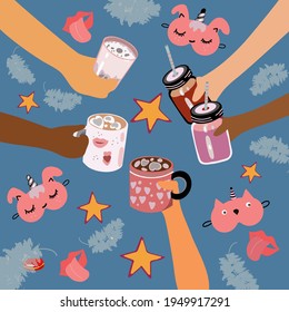 Illustration of a pajama party, five hands with cups, cocktails, cocoa, marshmallows, five girls, on a blue background, feathers, sleep masks in the form of unicorns.