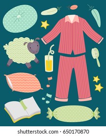 Illustration of Pajamas, Pillows, Sheep, Orange Juice, Feather, Hair Brush and Diary