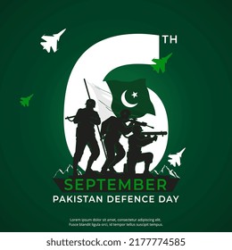 Illustration Of Pakistan Defence Day, 6th September, Pakistan Flag, A Soldiers With Rifle And Helmet And Airforce Craft.