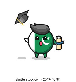 Illustration of pakistan flag cartoon throwing the hat at graduation , cute design