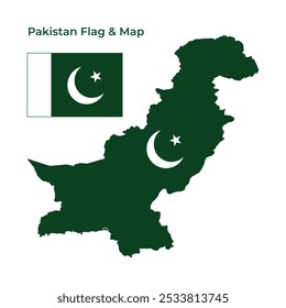 Illustration of the Pakistan flag and map, isolated on a white background. Ideal for Independence Day, anniversary, nationality, and patriotism-themed projects.
