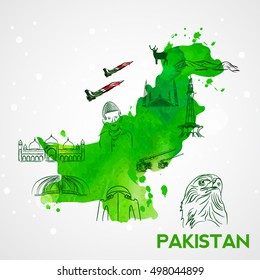 Illustration of pakistan's map with famous landmarks and monuments.