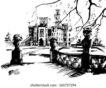 Illustration of palace.  Sketch digital drawing artistic picture.