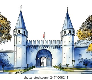 Illustration of Topkapı Palace's Imperial Gate in Vibrant Colors