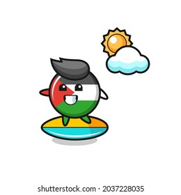 Illustration of palestine flag badge cartoon do surfing on the beach , cute style design for t shirt, sticker, logo element