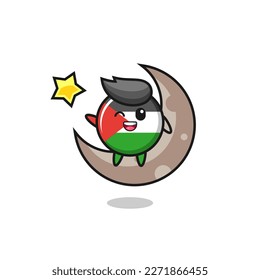 illustration of palestine flag badge cartoon sitting on the half moon , cute style design for t shirt, sticker, logo element