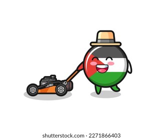 illustration of the palestine flag badge character using lawn mower , cute style design for t shirt, sticker, logo element