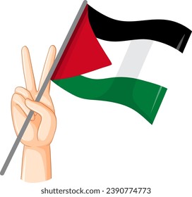 Illustration of Palestine flag in cartoon style with peace sign