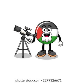 Illustration of palestine flag mascot as an astronomer , character design
