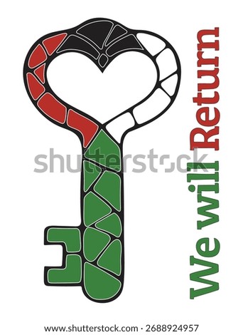 Illustration of the Palestinian Key of Return - a heart-shaped key in the colors of the flag and the text 