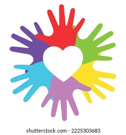 Ilustración de la palma de las manos de los niños en un círculo con corazón