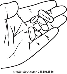 Illustration of palm hand holding medicine pills, taking medicine concept, medical