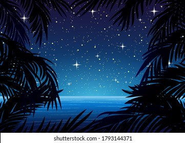 Illustration with palm leaves on the background of the ocean and night starry sky.