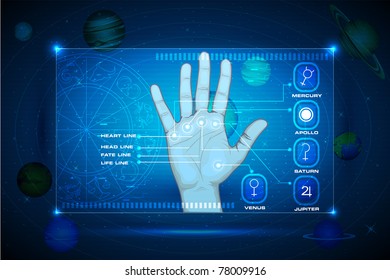 illustration of palm on touch screen indicating palmistry line