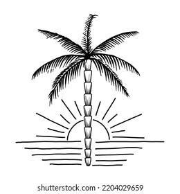 Illustration of palm in tattoo style. Summer theme. Design element for poster, card, banner, emblem, sign. Vector illustration