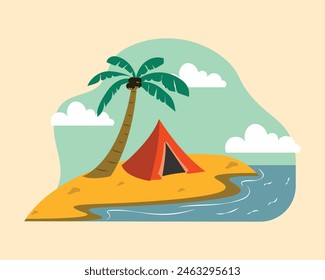 illustration of palm tree and camping tent on the beach, summer design elements, summer beach background