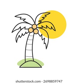 Ilustração de uma palmeira com cocos e um sol isolado no fundo branco para férias de verão