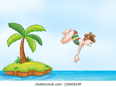 illustration of a palm tree and girl diving on a island