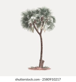 Illustration of a palm tree with lush green leaves and a slender trunk. The palm tree stands alone, showcasing its tropical and exotic nature. Palm tree art. Vintage botanical illustration vector.