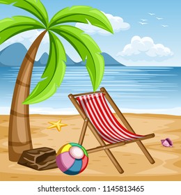 Illustration of a Palm Tree on the Beach with Beach Chair and Ball, Cartoon Vector Illustration of a Beautiful Sea Shore with Clouds and Mountains