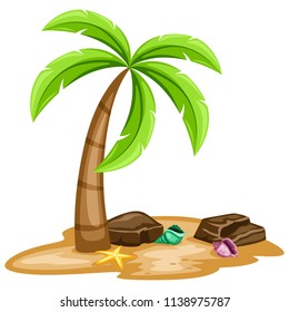 Illustration of a Palm Tree on Sand with Seashells,Stones and Sea Star Isolated on White Background, Cartoon Vector Illustration