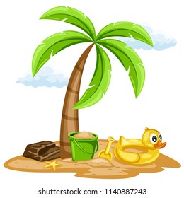Illustration of a Palm Tree on Sand with Rubber Ring Duck, Bucket and Shovel Isolated on White Background, Cartoon Vector Illustration
