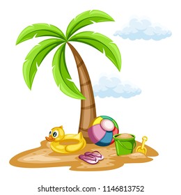 Illustration of a Palm Tree on Sand with Rubber Duck Ring, Beach Ball, Sand Bucket and Shovel, Slippers Isolated on White Background, Cartoon Vector Illustration