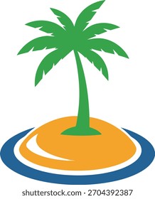 Ilustración de una palmera en una Pequeña isla con agua a su alrededor, aislada en