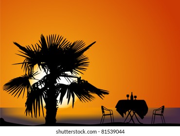 illustration with palm tree and restaurant table at sea sunset