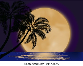 illustration with palm tree silhouette at moon