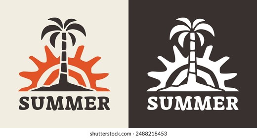 Illustration of a palm tree with a sunset background in vintage style design suitable for printable products.