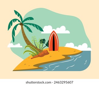 illustration of palm tree and surf board on the beach, summer design elements, summer beach background