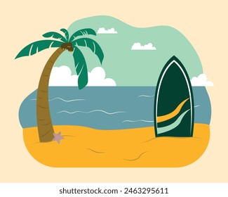 illustration of palm tree and surf board on the beach, summer design elements, summer beach background