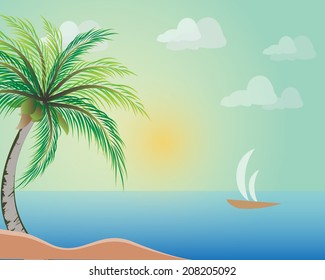 illustration of palm trees with coconut on the beach
