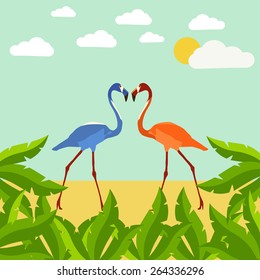 Illustration of palm trees and flamingos on the beach Valentine's Day, February, vector; 