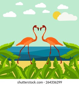 Illustration of palm trees and flamingos on the beach Valentine's Day, February, vector; 