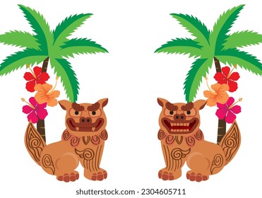 Illustration of palm trees, hibiscus and shisa. Shisa is a clay figure of the guardian deity of Okinawa, Japan. Okinawa guardian lions