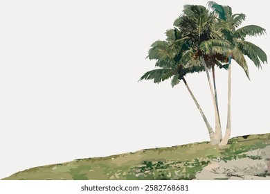 Illustration of palm trees on a grassy hill. Palm trees stand tall, swaying gently. The grassy hill complements the palm trees, creating a serene landscape. Vintage botanical illustration vector.