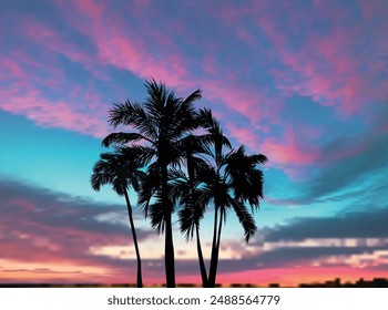 illustration with palm trees on sunset background