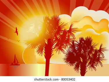 illustration with palm trees and small ship at sunset
