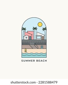 Illustration of Palm trees, street, shop, house and seaside. Summer beach vibes colorful logo icon vector illustration