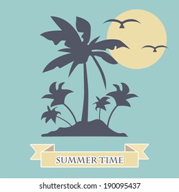 Illustration - palm trees, sun, birds