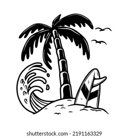 Illustration of palm with wave and surfing deck. Vector illustration